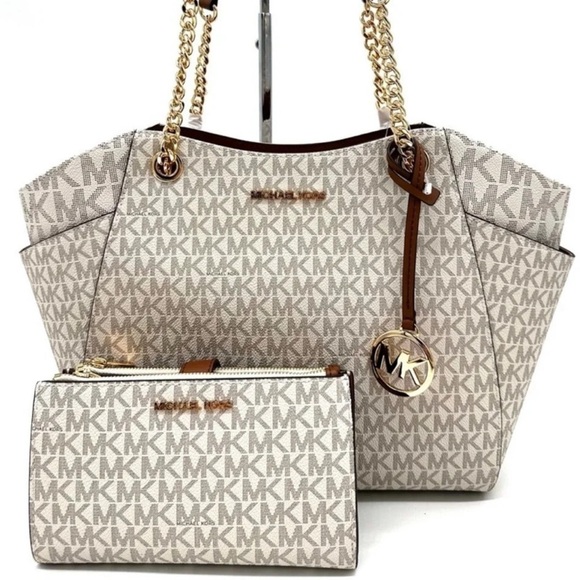 Michael Kors Large Jet Set Travel Chain Shoulder Bag & Double Zip Wallet Vanilla - Picture 1 of 15